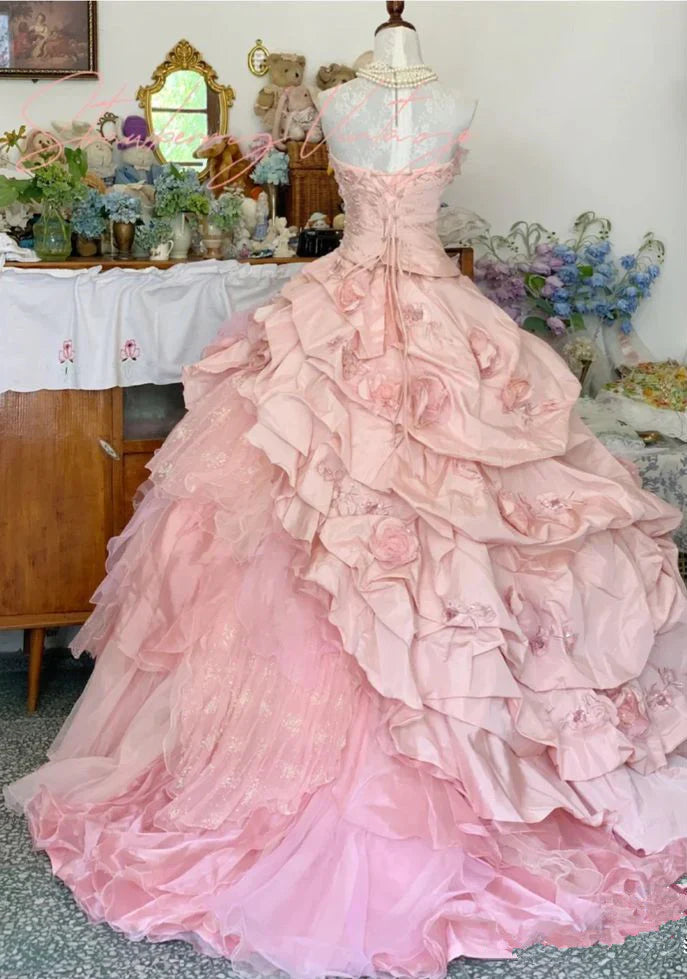 Elegant Pink 3D Flower Sweet 16 Quinceanera A-Line Floor-length Birthday Dress Ball Gown TP4421