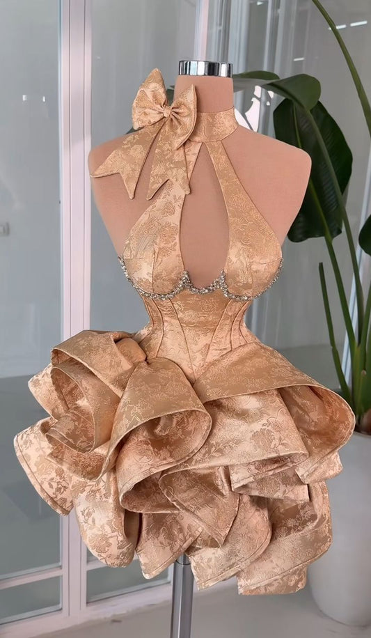Vintage Champagne Bowknot Halter Dress Design A-line Satin Party Dress Homecoming Dress TP4077