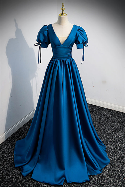 Simple Low V-Neck Short Sleeves Satin A-Line Party Prom Dress