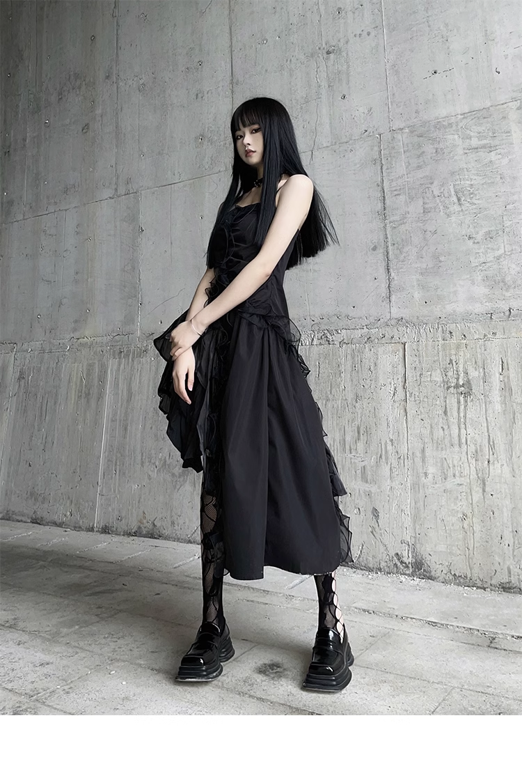Women Fashion Black Irregular  Spaghetti Strap Dress TP2908