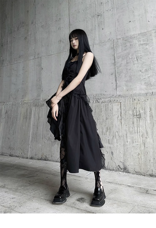 Women Fashion Black Irregular  Spaghetti Strap Dress TP2908