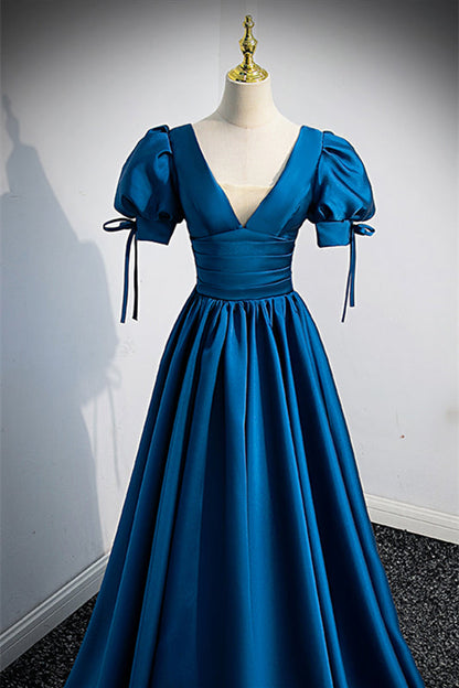 Simple Low V-Neck Short Sleeves Satin A-Line Party Prom Dress