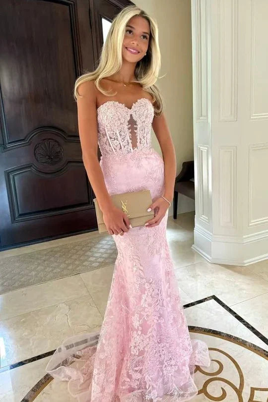 Black Strapless Lace Mermaid Long Party Prom Dress