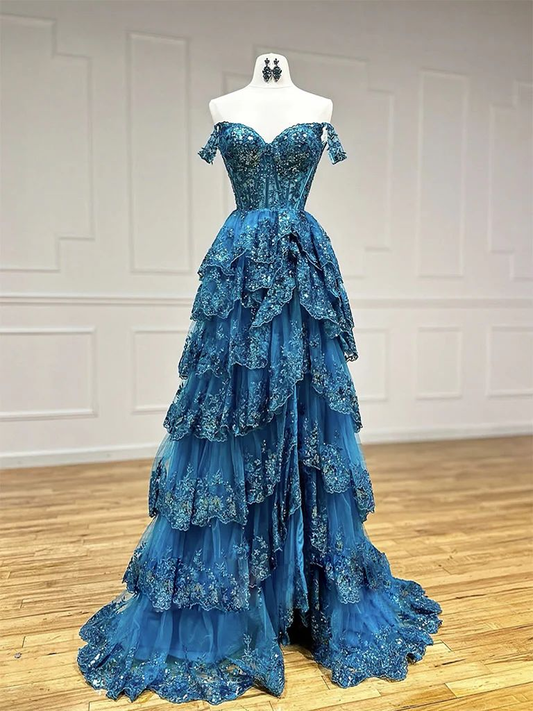 Vintage Sweetheart Sequin A-Line Sweetheart Evening Gown Off-the-shoulder Party Dress Tiered Floor Length Formal Dress TP4904