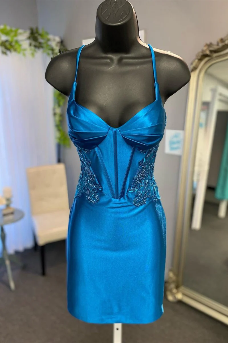 Fashion Blue Corset Bodycon Spaghetti Strap Tight Homecoming Dress TP3769