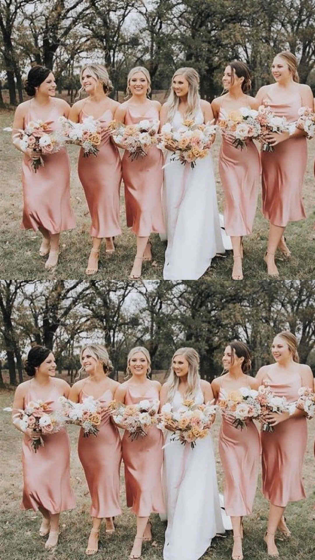 Spaghetti Straps Satin Tea Length Champagne Bridesmaid Dress