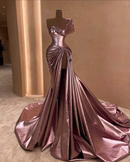 Girlhomeshops-Pink Elegant Long Satin Prom dress Evening Dress Party Dress gh5028