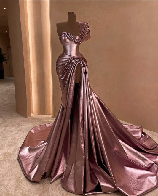 Girlhomeshops-Pink Elegant Long Satin Prom dress Evening Dress Party Dress gh5028