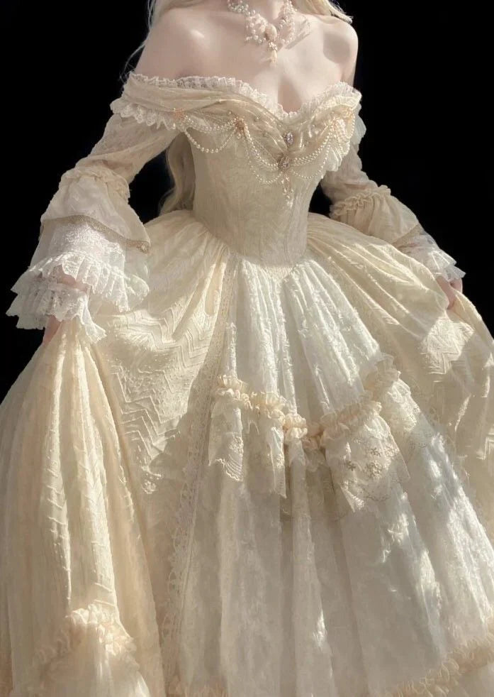 Gorgeous Ivory Sweetheart Lace Off-the-shoulder Long-sleeve A-Line Wedding Dress TP4593