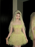 Fashion Yellow Sequined Strapless A-Line Veil Design Tulle Party Dress Homecoming Dress TP4237