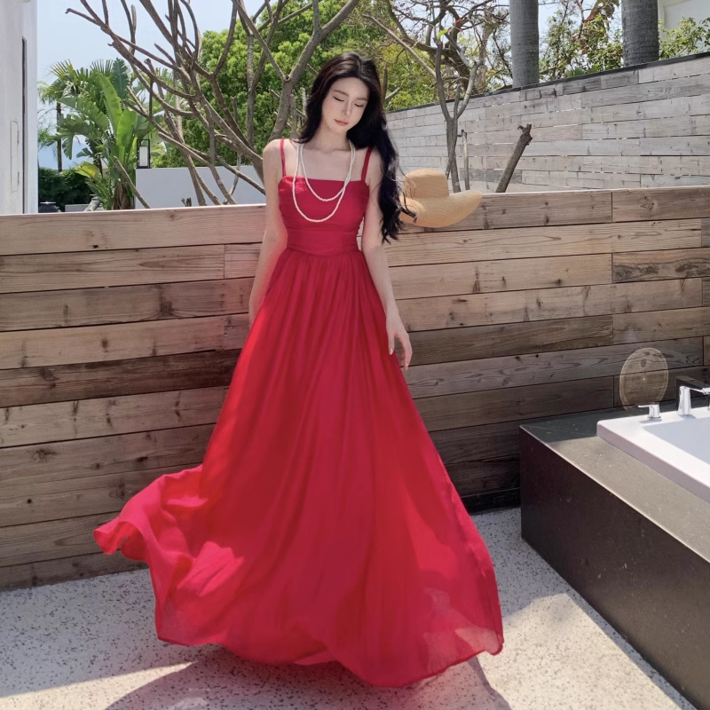 New Elegant Stylish Rose Red High-waisted Spaghetti Strap Dress TP2990