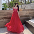New Elegant Stylish Rose Red High-waisted Spaghetti Strap Dress TP2990