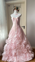 Vintage Pink Strapless 3D Rose Ruffle Organza Quinceanera Ball Gown TP5840
