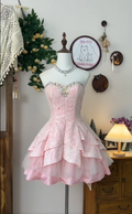 Retro Pink Sweetheart Beaded Applique Design A-line Strapless Elegant Homecoming Dress Birthday Dress Party Dress TP4174