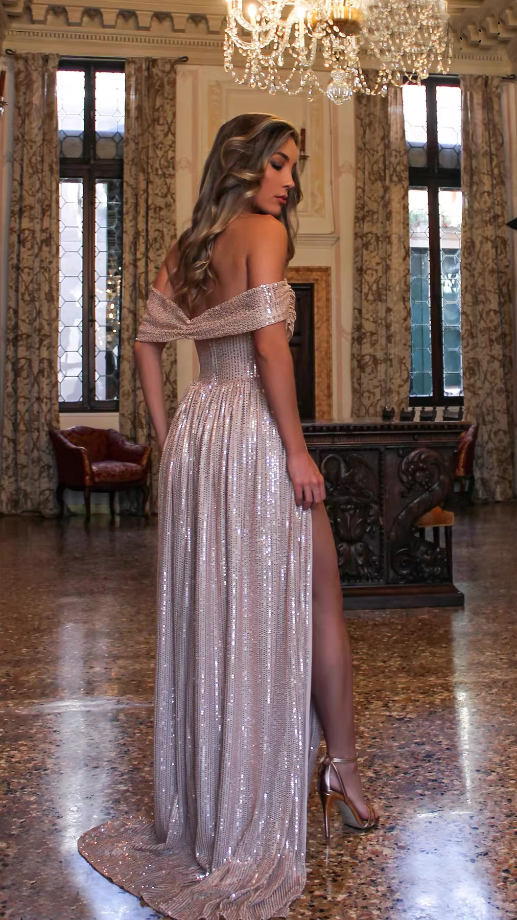 Elegant Sequin Off-he-Shoulder Prom Dress Evening Gown with High Slit & Train Wedding Guest Maxi Dress TP5749