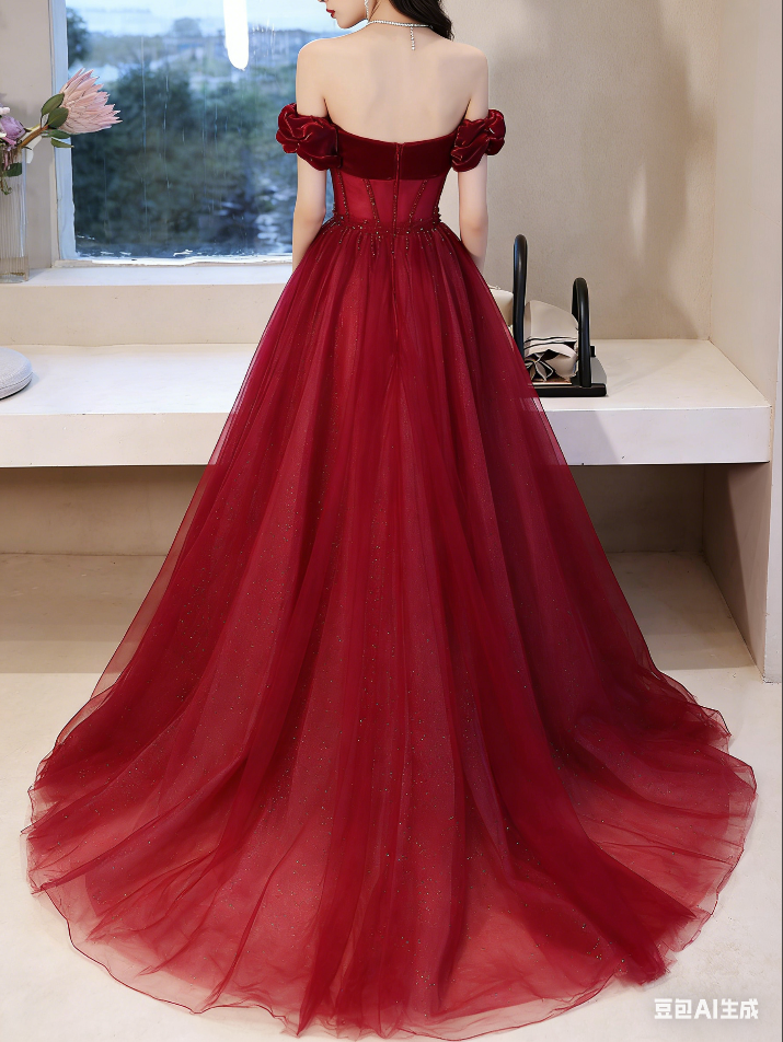 Vintage Burgundy Off-the-Shoulder Glitter Tulle  Sweetheart Ball Gown TP1579