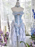 Vintage Blue Sweetheart Prom Dress Strapless Evening Dress Party Dress TP4641