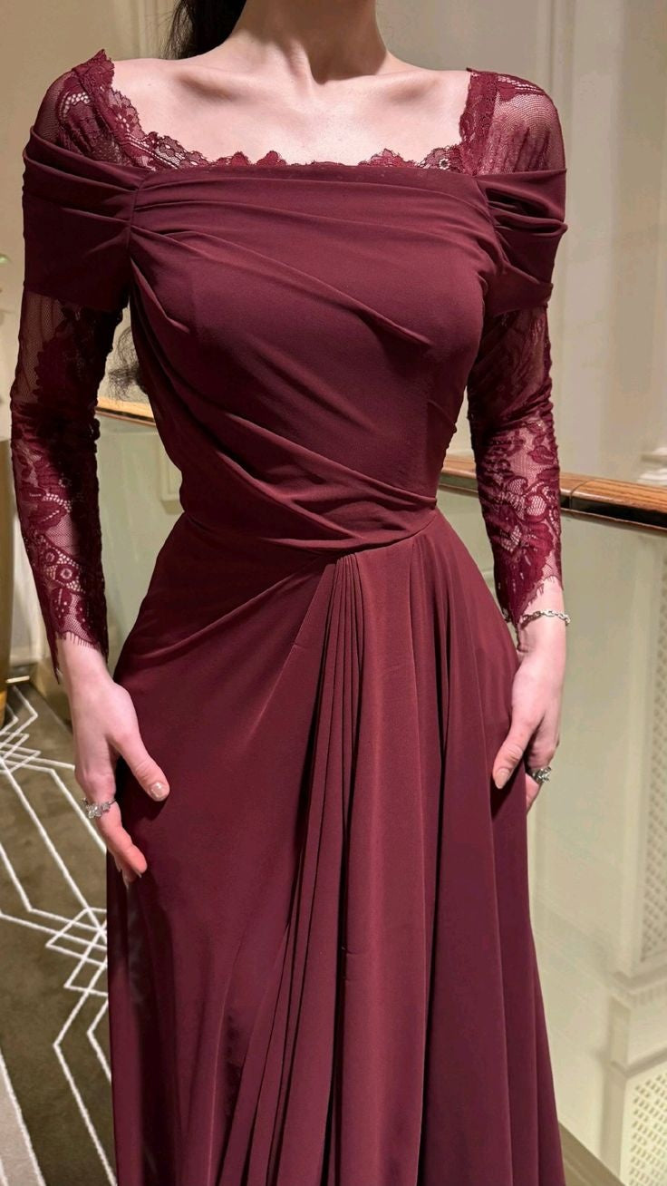 girlhomeshops-Red long-sleeved lace satin Prom dress gh6253