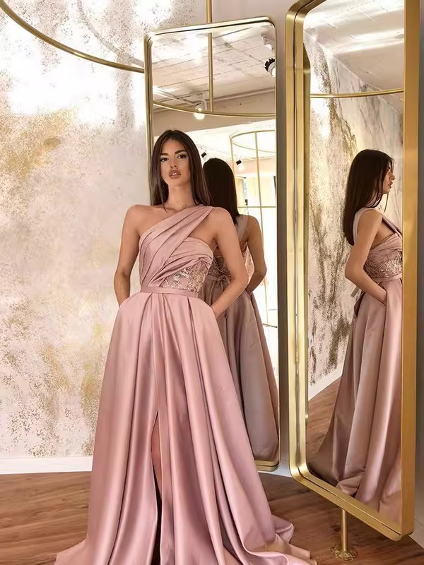 Elegant Pink One-Shoulder Satin A-Line Prom Dress Evening Gown Lace High Slit Wedding Guest Dress TP5747