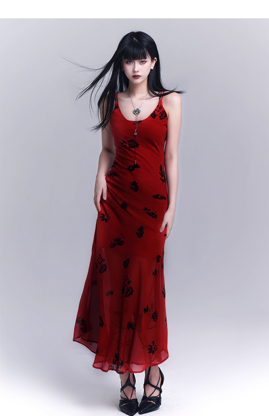 Simple Fashion Floral Pattern Design Spaghetti Strap Dress TP2948
