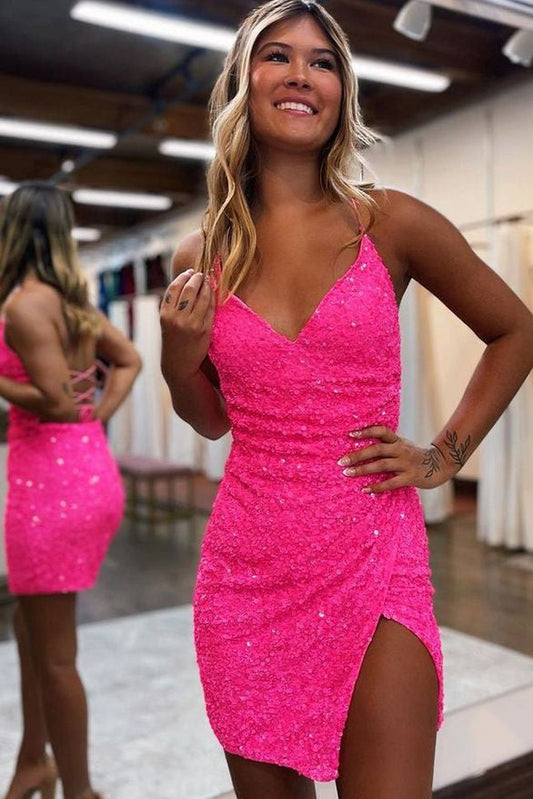 Cute Bodycon V Neck Hot Pink Sequins Short Homecoming Dresses