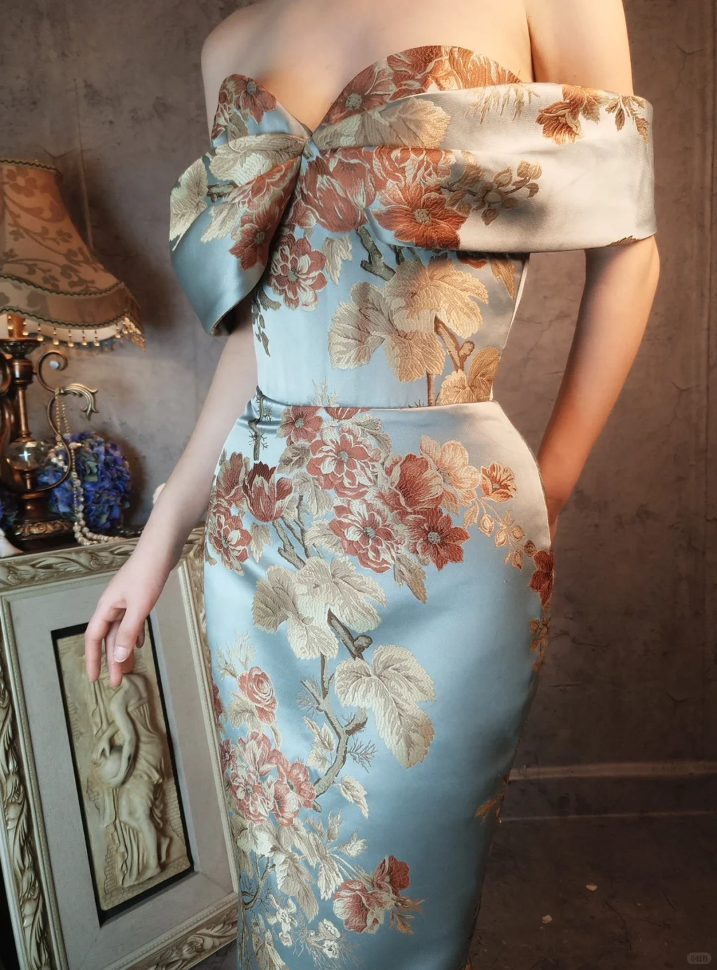 Vintage Floral Off-the-shoulder Sweetheart Design Elegant Satin Evening Dress Prom Dress TP4031