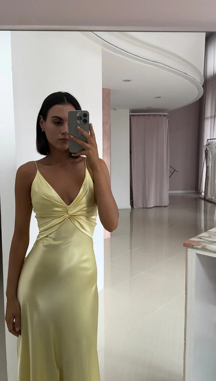 Yellow Fashion V-neck Spaghetti Straps Elegant Long Satin Back lace-up Ball Gown Evening Dress Party Dress gh3160