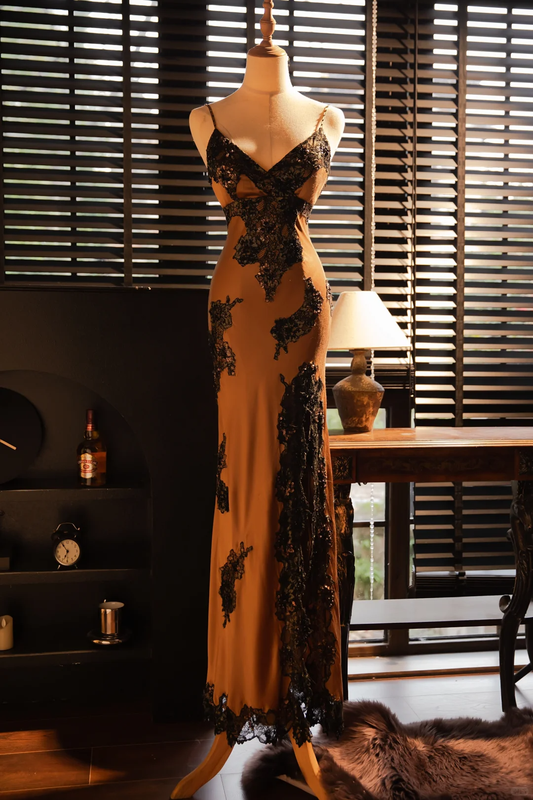 Vintage Elegant V-neck Applique Design Romantic Chiffon Evening Dress Prom Dress TP4017
