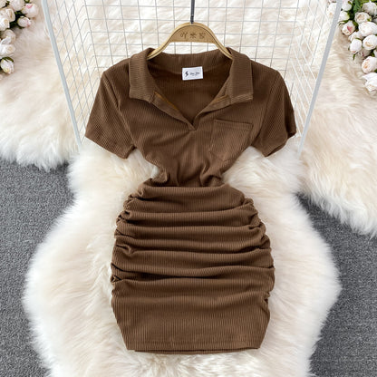 Slim and sexy polo collar, careful machine wrapped hip skirt  11138