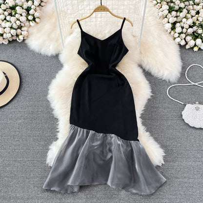 High sense V-neck suspender skirt with waist closed and thin fishtail buttock wrapped dress  11001