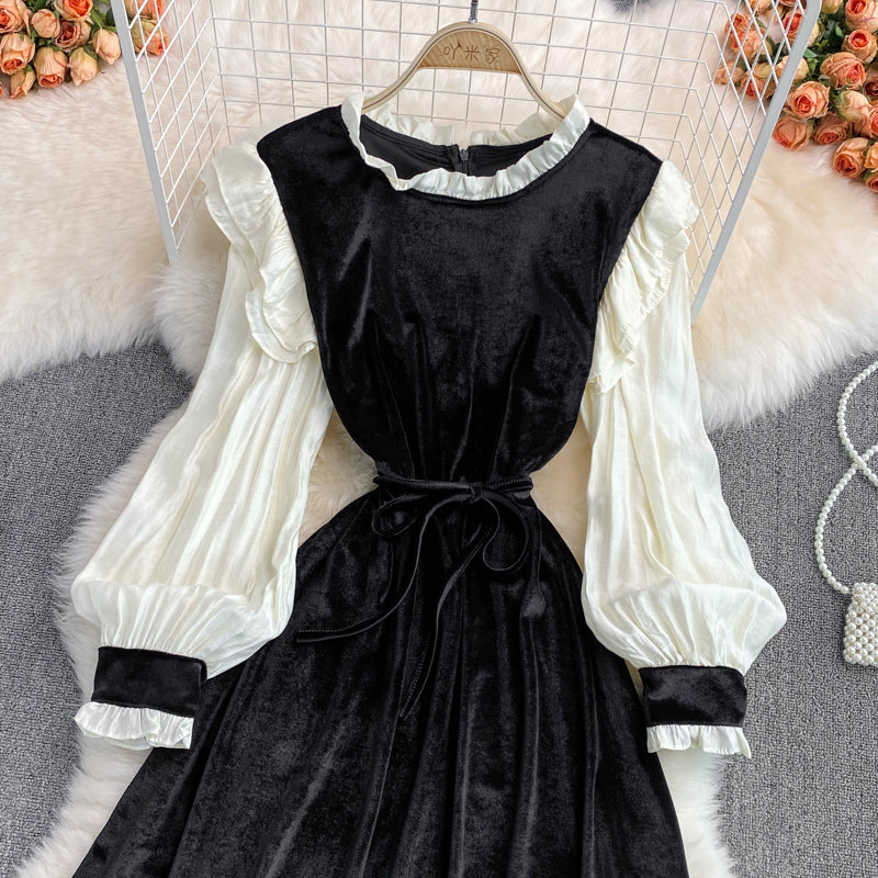 Black Velvet Long Sleeve Dress Fashion Dress  10954