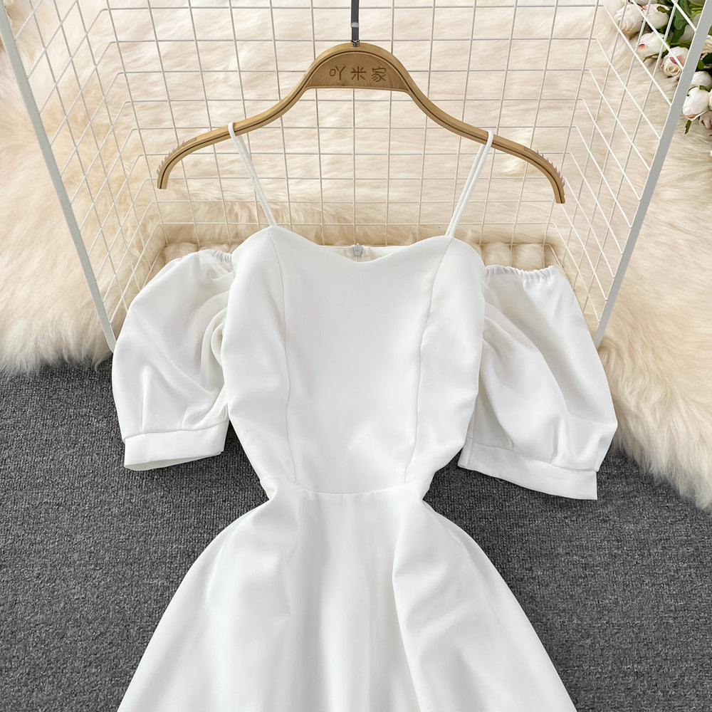 Narrow waist and thin bubble sleeve suspender dress  11172