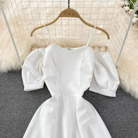 Narrow waist and thin bubble sleeve suspender dress  11172