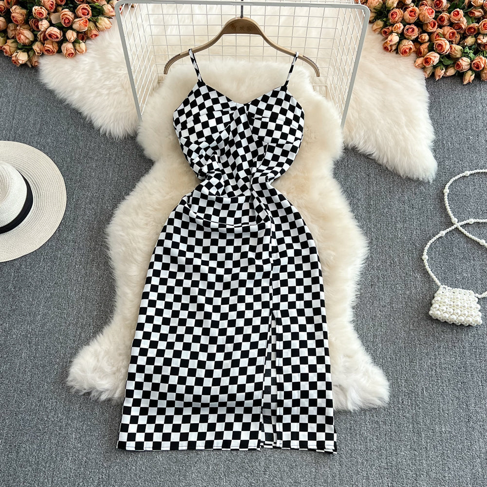 Fashion sleeveless backless split V-neck checkerboard dress  11126