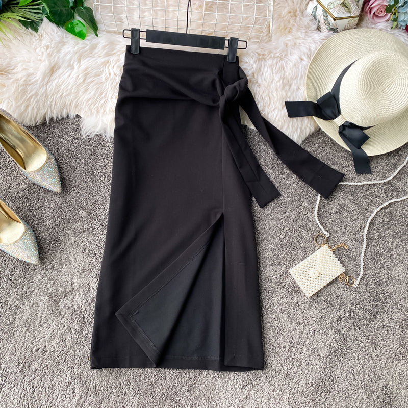 Versatile side slit skirt women's medium length high waist slim one-step skirt  11301