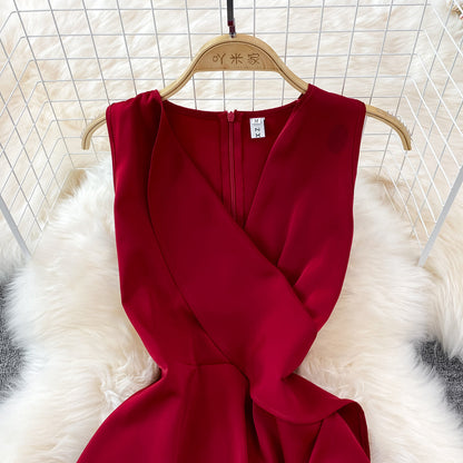 V-neck high waist slim Ruffle sleeveless A-line dress  11029