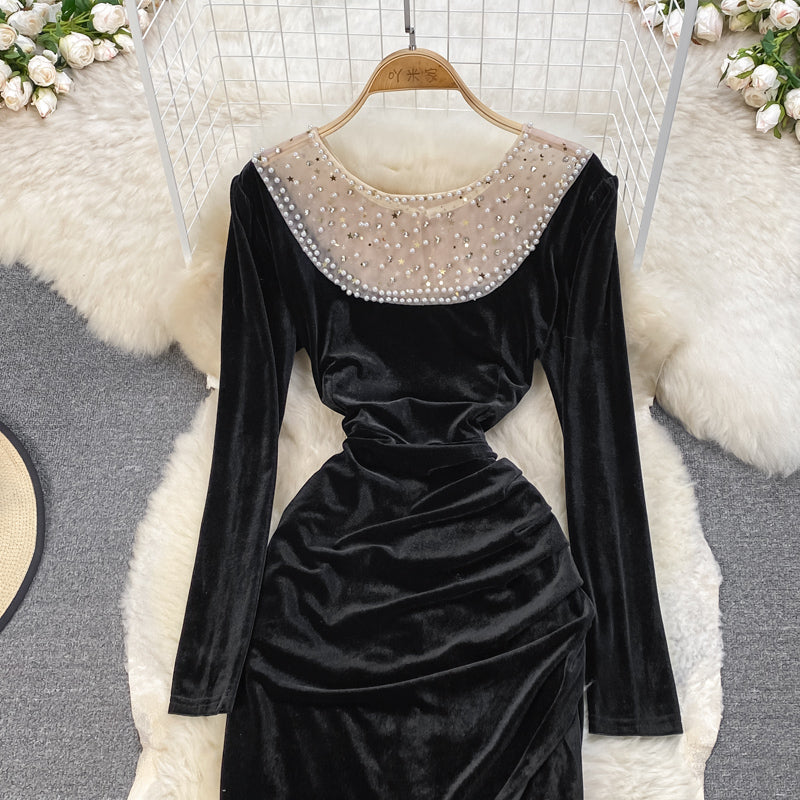 Black Velvet Long Sleeve Dress Fashion Dress  10929