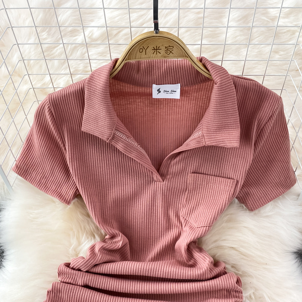 Slim and sexy polo collar, careful machine wrapped hip skirt  11138