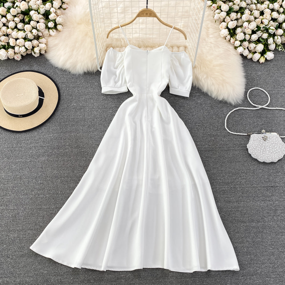 Narrow waist and thin bubble sleeve suspender dress  11172
