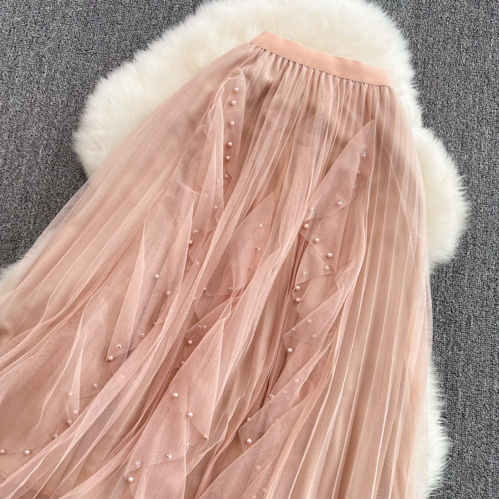 Elastic waist super fairy irregular nail bead mesh skirt  11286