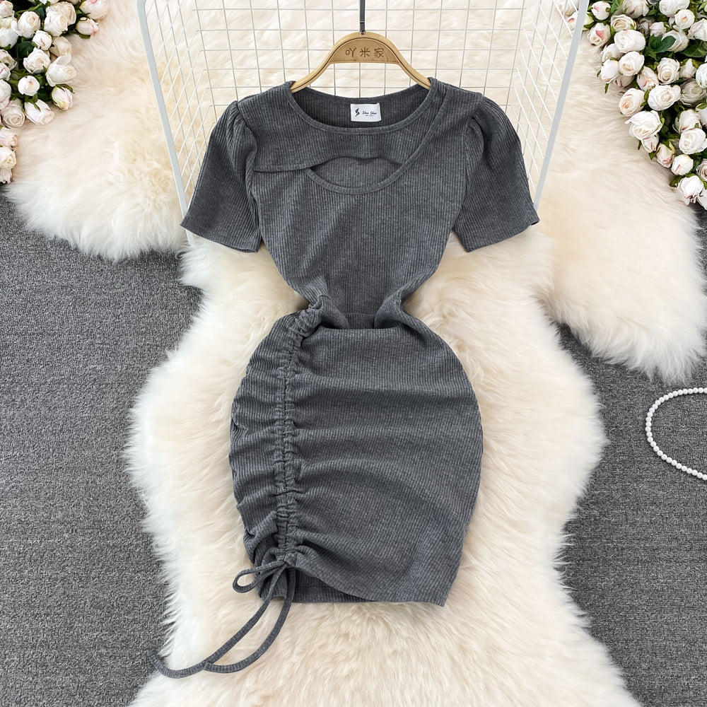Spice Girl round neck chest hollowed out elastic tight drawstring short Hip Wrap Dress  10970