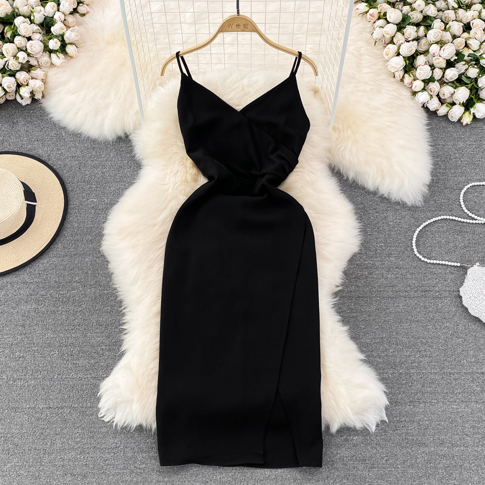 Slim and slim pleated sleeveless V-neck open hip dress  11194