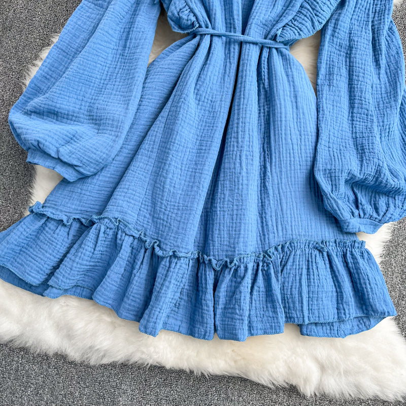 Blue V Neck Long Sleeve Dress Fashion Dress  10916