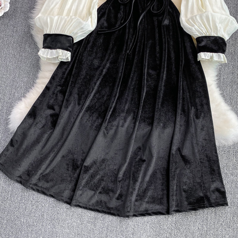 Black Velvet Long Sleeve Dress Fashion Dress  10954