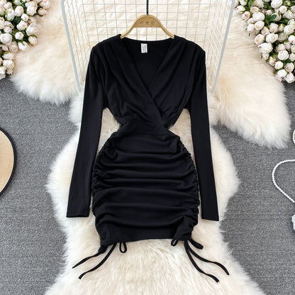 V-neck drawcord pleated sexy slim short Hip Wrap Dress  11118