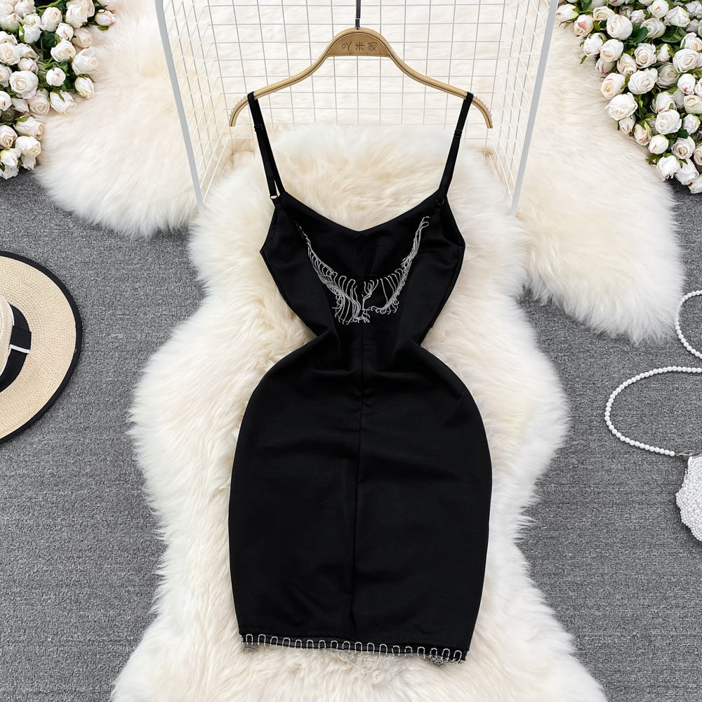 Sleeveless diamond studded tassel irregular Hip Wrap short dress  11153