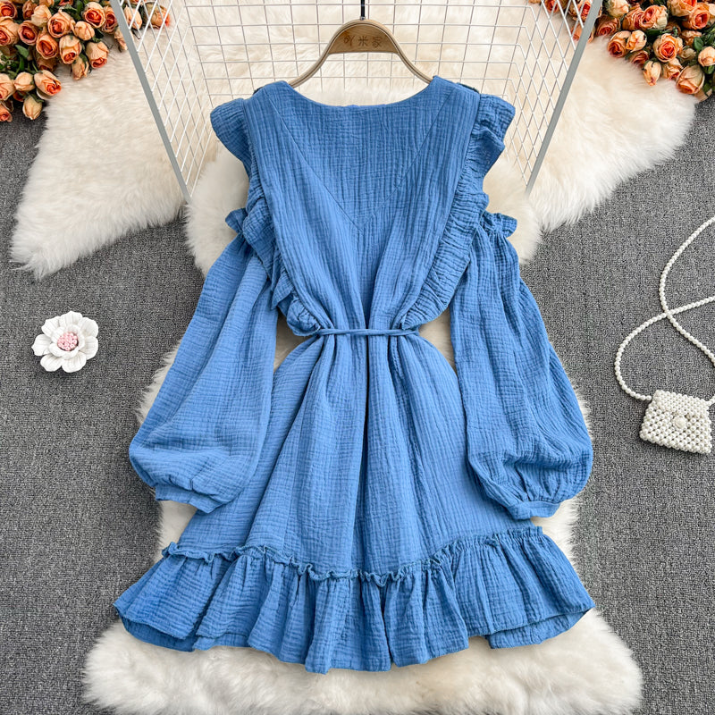 Blue V Neck Long Sleeve Dress Fashion Dress  10916