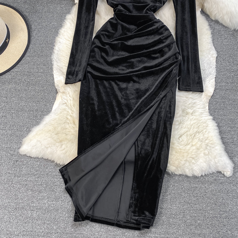Black Velvet Long Sleeve Dress Fashion Dress  10929