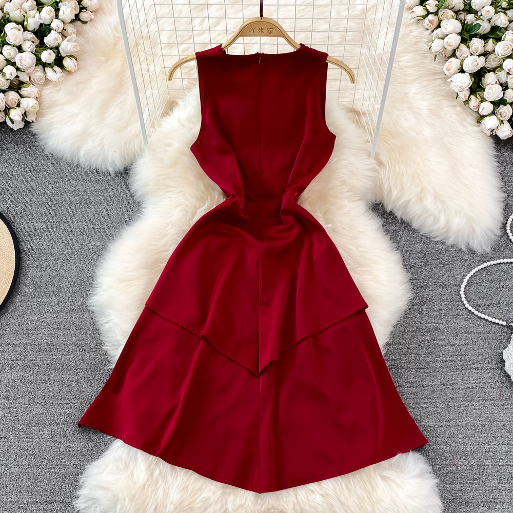 V-neck high waist slim Ruffle sleeveless A-line dress  11029