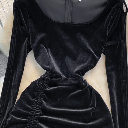 Black Velvet Long Sleeve Dress Sexy Dress  10948